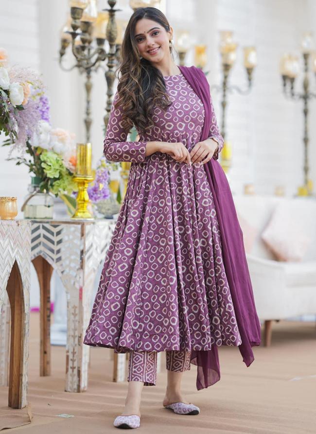 Cotton Silk Lavender Traditional Wear Printed Readymade Anarkali Suit